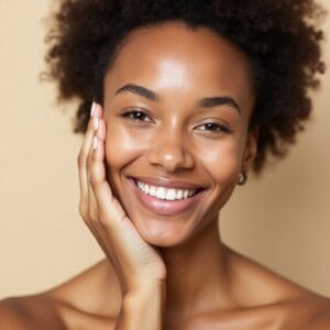 Uma imagem que mostre o resultado do cuidado: uma pele com aspecto saudável, radiante, talvez com uma pessoa sorrindo ou sentindo a textura da pele suavemente, transmitindo confiança e bem-estar.