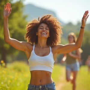 Uma imagem que transmita a ideia de vitalidade, alegria e liberdade através do movimento. Pode ser alguém correndo em um parque ensolarado, dançando em um espaço amplo, ou simplesmente sorrindo e alongando o corpo, com uma sensação de bem-estar e leveza