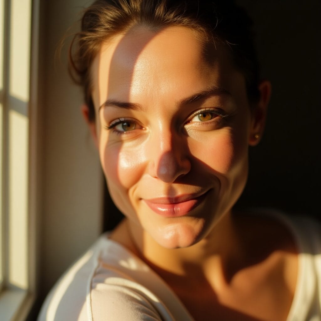 Uma imagem que mostre o resultado do cuidado: uma pele com aspecto saudável, radiante, talvez com uma pessoa sorrindo ou sentindo a textura da pele suavemente, transmitindo confiança e bem-estar. Uma mulher com pele visivelmente radiante e saudável, sorrindo suavemente, banhada pela luz suave da manhã que entra pela janela. Close-up no rosto, destacando o brilho natural