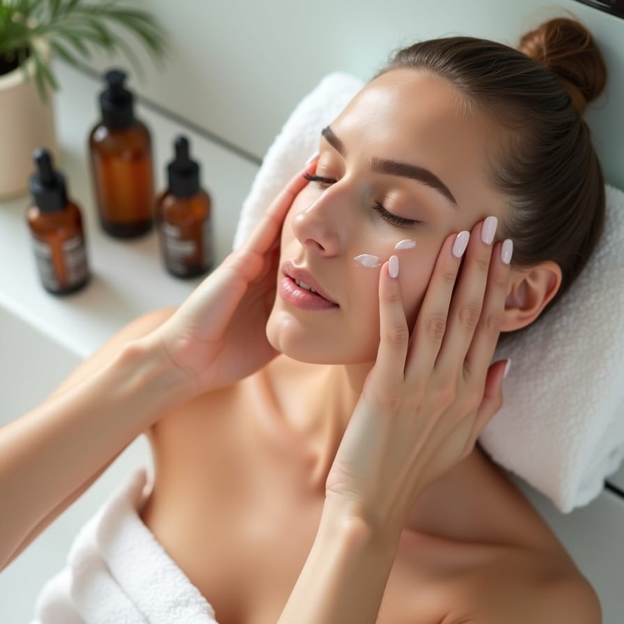 Close-up de mãos delicadas aplicando um sérum ou creme facial em uma pele visivelmente luminosa e saudável. Ao fundo, desfocado, um ambiente de banheiro clean e organizado com alguns produtos de skincare bem apresentados, transmitindo uma sensação de ritual de autocuidado. Close-up de mãos delicadas aplicando um sérum ou creme facial em uma pele visivelmente luminosa e saudável. Ao fundo, desfocado, um ambiente de banheiro clean e organizado com alguns produtos de skincare bem apresentados, transmitindo uma sensação de ritual de autocuidado.