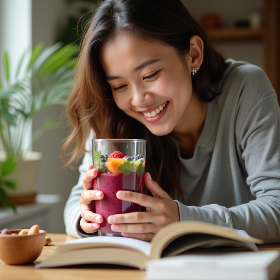 Uma pessoa (jovem adulta, com expressão alerta e focada, sorrindo gentilmente) segurando um smoothie vibrante e colorido, talvez feito com frutas vermelhas e folhas verdes, enquanto lê um livro ou trabalha em um laptop. O cenário é brilhante e inspirador, talvez uma cozinha com luz natural ou um café aconchegante. A imagem transmite a ideia de energia mental, clareza e bem-estar geral, com foco na conexão entre alimentação saudável e desempenho cognitivo. Uma pessoa (jovem adulta, com expressão alerta e focada, sorrindo gentilmente) segurando um smoothie vibrante e colorido, talvez feito com frutas vermelhas e folhas verdes, enquanto lê um livro ou trabalha em um laptop. O cenário é brilhante e inspirador, talvez uma cozinha com luz natural ou um café aconchegante. A imagem transmite a ideia de energia mental, clareza e bem-estar geral, com foco na conexão entre alimentação saudável e desempenho cognitivo.