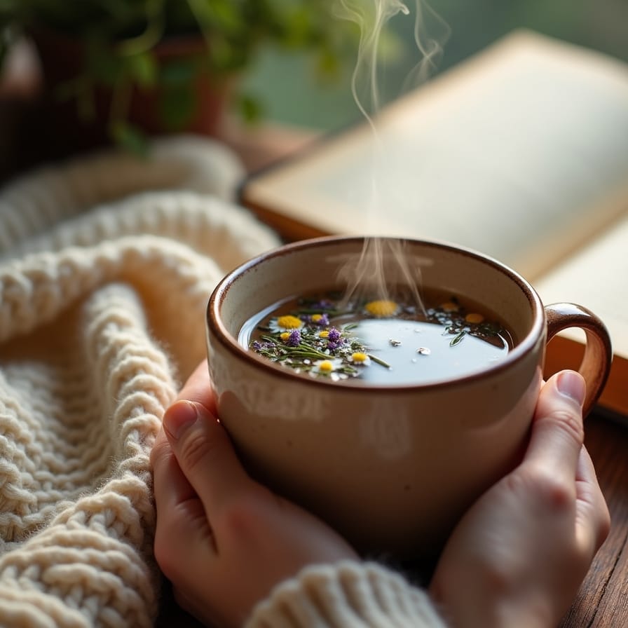 Uma xícara de chá fumegante, com ervas visíveis (como camomila ou lavanda), em um ambiente aconchegante e relaxante. Talvez com um livro ao lado, uma manta macia ou uma janela com vista para a natureza. A imagem deve transmitir calor, conforto e serenidade. Uma xícara de chá fumegante, com ervas visíveis (como camomila ou lavanda), em um ambiente aconchegante e relaxante. Talvez com um livro ao lado, uma manta macia ou uma janela com vista para a natureza. A imagem deve transmitir calor, conforto e serenidade.