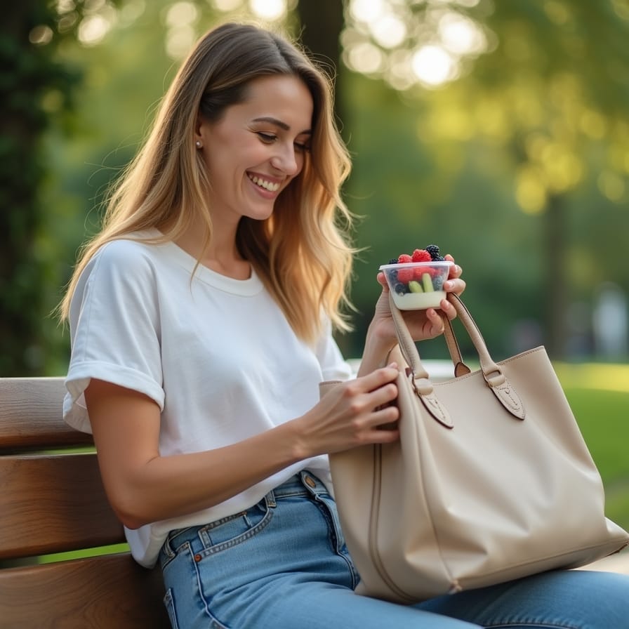 Uma pessoa sorridente e com aparência saudável, talvez sentada em um banco de praça ou em um escritório moderno, abrindo a bolsa e pegando um potinho com um lanche visivelmente saudável (ex: iogurte com frutas ou palitos de vegetais). A cena deve transmitir praticidade, bem-estar e a sensação de uma escolha inteligente. Uma pessoa sorridente e com aparência saudável, talvez sentada em um banco de praça ou em um escritório moderno, abrindo a bolsa e pegando um potinho com um lanche visivelmente saudável (ex: iogurte com frutas ou palitos de vegetais). A cena deve transmitir praticidade, bem-estar e a sensação de uma escolha inteligente.