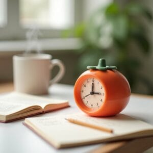 Uma imagem serena e inspiradora de um relógio de mesa (pode ser um timer de tomate estilizado ou um timer digital minimalista) ao lado de um caderno aberto com algumas anotações e uma xícara de chá fumegante. A luz ambiente é suave, transmitindo calma e foco. O fundo pode ter um elemento verde de planta, sugerindo bem-estar.