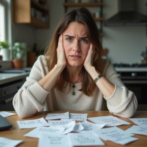 Uma pessoa sentada em uma escrivaninha ou sofá, com a cabeça apoiada nas mãos, olhando para uma lista de "hábitos a fazer" (talvez como rascunhos amassados ao redor), com uma expressão de frustração ou sobrecarga. O ambiente pode ser ligeiramente bagunçado, transmitindo a ideia de desorganização ou tentativa falha. O foco é na emoção humana de desafio.