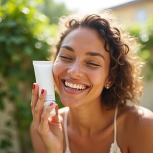 Uma pessoa com um sorriso genuíno e olhar confiante, aplicando delicadamente protetor solar no rosto em um ambiente externo iluminado e agradável, como um parque ensolarado ou uma varanda com plantas. A imagem deve transmitir uma sensação de autocuidado, bem-estar e a alegria de se proteger do sol.