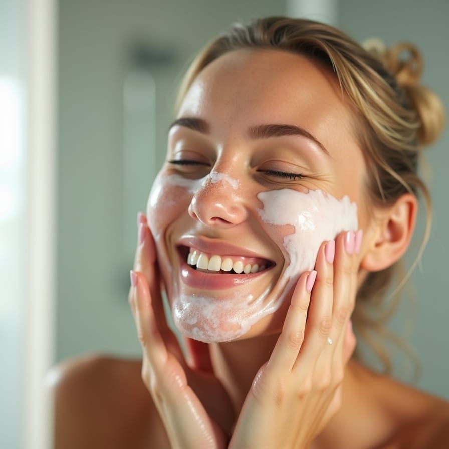 Uma pessoa sorrindo, com o rosto levemente úmido e uma expressão de frescor e satisfação, como se tivesse acabado de lavar o rosto com o limpador perfeito. O ambiente pode ser um banheiro clean e iluminado, com foco na sensação de pele limpa e bem cuidada. Uma pessoa sorrindo, com o rosto levemente úmido e uma expressão de frescor e satisfação, como se tivesse acabado de lavar o rosto com o limpador perfeito. O ambiente pode ser um banheiro clean e iluminado, com foco na sensação de pele limpa e bem cuidada.