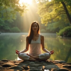 Pessoa sentada em posição de meditação relaxada, talvez em um jardim florido ou perto de um lago calmo, com luz suave do sol, transmitindo paz, serenidade e conexão com a natureza. A expressão facial é de tranquilidade e o ambiente é acolhedor.