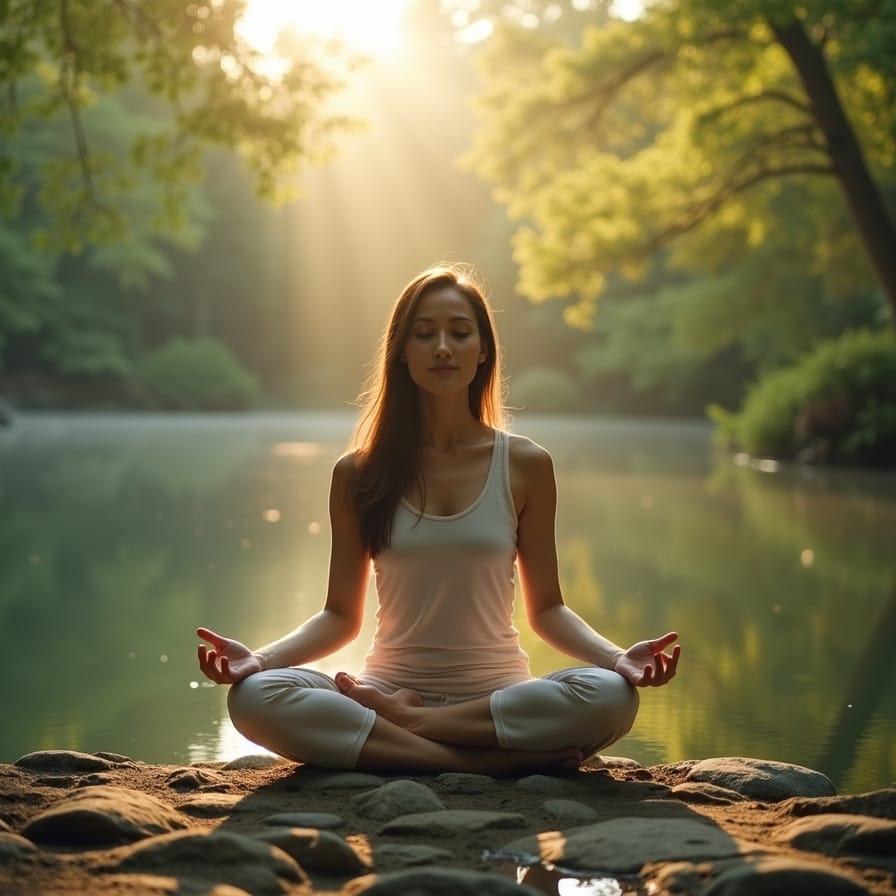 Pessoa sentada em posição de meditação relaxada, talvez em um jardim florido ou perto de um lago calmo, com luz suave do sol, transmitindo paz, serenidade e conexão com a natureza. A expressão facial é de tranquilidade e o ambiente é acolhedor. Pessoa sentada em posição de meditação relaxada, talvez em um jardim florido ou perto de um lago calmo, com luz suave do sol, transmitindo paz, serenidade e conexão com a natureza. A expressão facial é de tranquilidade e o ambiente é acolhedor.
