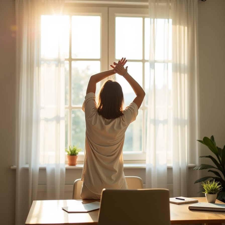 Uma pessoa (silhueta ou vista de costas/lateral) em um ambiente de trabalho organizado e minimalista, olhando para uma janela com luz natural suave. As mãos estão em uma posição relaxada ou levemente esticadas, sugerindo uma pausa revigorante. O ambiente transmite tranquilidade e produtividade, com elementos como plantas e uma vista inspiradora. Uma pessoa (silhueta ou vista de costas/lateral) em um ambiente de trabalho organizado e minimalista, olhando para uma janela com luz natural suave. As mãos estão em uma posição relaxada ou levemente esticadas, sugerindo uma pausa revigorante. O ambiente transmite tranquilidade e produtividade, com elementos como plantas e uma vista inspiradora.