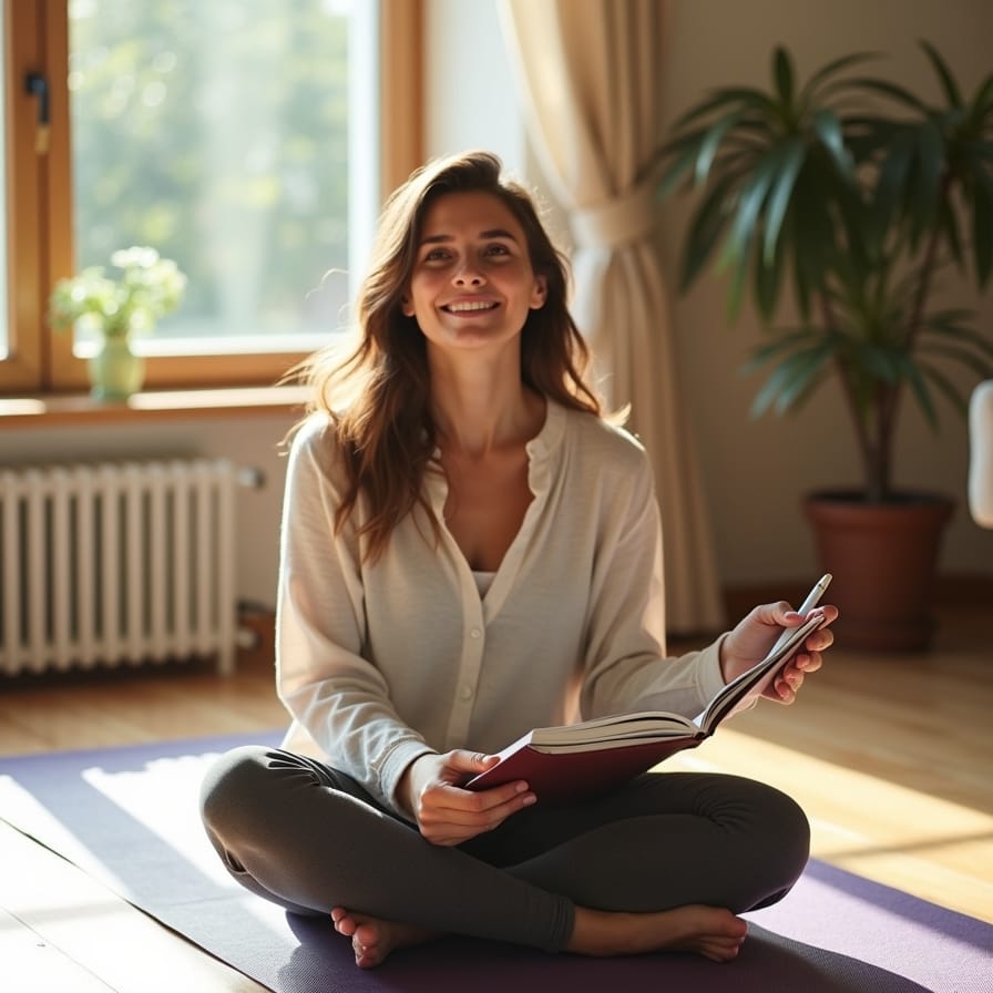 Uma pessoa, talvez sentada em um tapete de yoga ou em um banco de parque, com um caderno e caneta, refletindo e sorrindo, como se estivesse planejando ou descobrindo qual atividade física experimentar. A imagem deve transmitir a ideia de autoconhecimento, planejamento e a alegria da descoberta. Uma pessoa, talvez sentada em um tapete de yoga ou em um banco de parque, com um caderno e caneta, refletindo e sorrindo, como se estivesse planejando ou descobrindo qual atividade física experimentar. A imagem deve transmitir a ideia de autoconhecimento, planejamento e a alegria da descoberta.