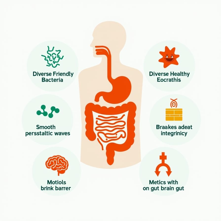 Um infográfico simples e visualmente atraente mostrando os principais benefícios do exercício para o intestino: ícone de bactérias diversas (microbioma), ícone de movimento (motilidade), ícone de escudo (barreira intestinal fortalecida), e ícone de cérebro e intestino conectados (eixo intestino-cérebro). Cores alegres e design clean. Um infográfico simples e visualmente atraente mostrando os principais benefícios do exercício para o intestino: ícone de bactérias diversas (microbioma), ícone de movimento (motilidade), ícone de escudo (barreira intestinal fortalecida), e ícone de cérebro e intestino conectados (eixo intestino-cérebro). Cores alegres e design clean.