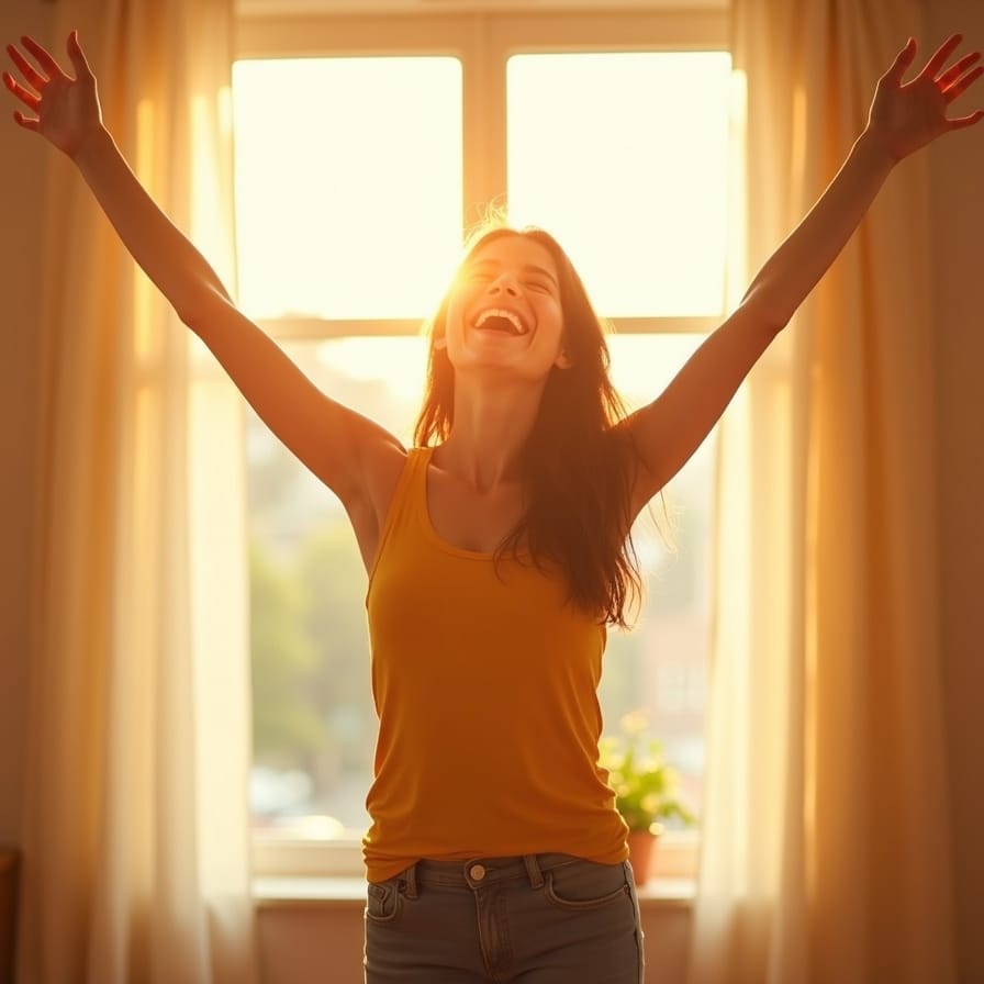 Uma imagem inspiradora e cheia de energia de uma pessoa de frente para uma janela, com as cortinas abertas e a luz suave do sol nascendo. A pessoa está se espreguiçando ou alongando os braços para o alto, com uma expressão de contentamento e vitalidade. A cena transmite a sensação de um novo começo, de acordar realmente disposto e energizado, com cores claras e um foco na luz natural. Uma imagem inspiradora e cheia de energia de uma pessoa de frente para uma janela, com as cortinas abertas e a luz suave do sol nascendo. A pessoa está se espreguiçando ou alongando os braços para o alto, com uma expressão de contentamento e vitalidade. A cena transmite a sensação de um novo começo, de acordar realmente disposto e energizado, com cores claras e um foco na luz natural.
