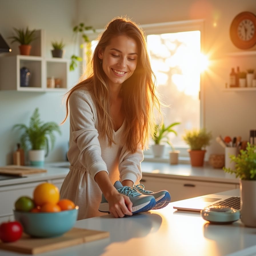 Uma pessoa alegre e ativa, em um ambiente vibrante (pode ser um parque ensolarado, uma cozinha organizada ou um espaço de meditação sereno), realizando pequenas ações conectadas (ex: segurando uma maçã e um livro, com tênis de corrida próximos). A cena transmite leveza, energia e a sensação de que a rotina está fluindo de forma positiva. A iluminação é clara e convidativa. Uma pessoa alegre e ativa, em um ambiente vibrante (pode ser um parque ensolarado, uma cozinha organizada ou um espaço de meditação sereno), realizando pequenas ações conectadas (ex: segurando uma maçã e um livro, com tênis de corrida próximos). A cena transmite leveza, energia e a sensação de que a rotina está fluindo de forma positiva. A iluminação é clara e convidativa.