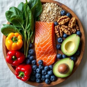 Uma composição vibrante de alimentos frescos e coloridos que são conhecidos por serem bons para o cérebro: um punhado de mirtilos, nozes espalhadas, um pedaço de salmão grelhado, folhas de espinafre, abacate e um ovo cozido. A luz natural realça as texturas e cores, convidando ao consumo. O ambiente é limpo e orgânico, talvez uma tábua de madeira ou um pano de linho como base.