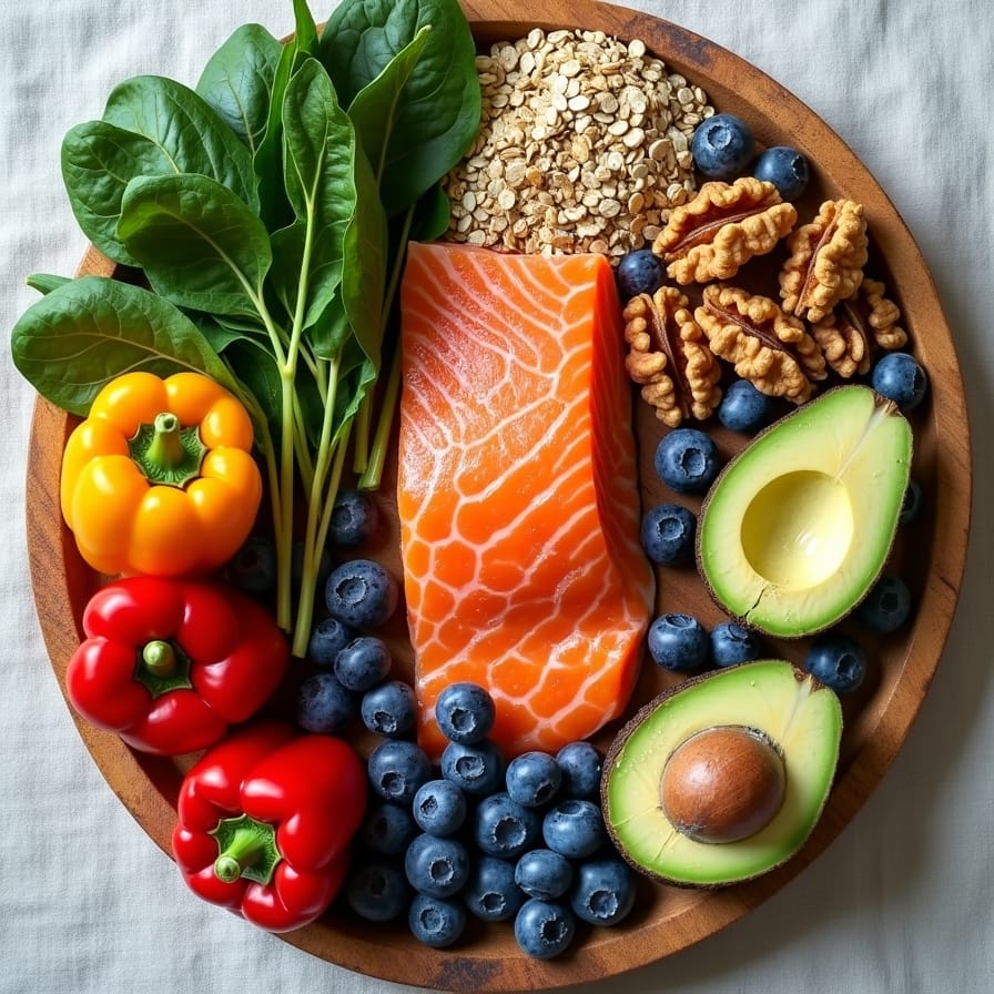 Uma composição vibrante de alimentos frescos e coloridos que são conhecidos por serem bons para o cérebro: um punhado de mirtilos, nozes espalhadas, um pedaço de salmão grelhado, folhas de espinafre, abacate e um ovo cozido. A luz natural realça as texturas e cores, convidando ao consumo. O ambiente é limpo e orgânico, talvez uma tábua de madeira ou um pano de linho como base. Uma composição vibrante de alimentos frescos e coloridos que são conhecidos por serem bons para o cérebro: um punhado de mirtilos, nozes espalhadas, um pedaço de salmão grelhado, folhas de espinafre, abacate e um ovo cozido. A luz natural realça as texturas e cores, convidando ao consumo. O ambiente é limpo e orgânico, talvez uma tábua de madeira ou um pano de linho como base.