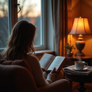 Uma imagem aconchegante de uma pessoa (silhueta suave ou vista de costas) sentada confortavelmente em uma poltrona macia perto de uma janela, com um livro aberto nas mãos e uma xícara de chá fumegante ao lado. As luzes do ambiente são suaves e quentes, e há um cobertor macio por perto. A atmosfera é de paz, tranquilidade e relaxamento antes de dormir, com foco na descompressão.