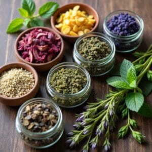 Um close-up de diferentes tipos de ervas secas para chá (camomila, lavanda, erva-cidreira, etc.) arrumadas artisticamente, talvez em pequenos potes de vidro ou sobre uma superfície de madeira rústica. A imagem deve destacar a beleza natural e a variedade das ervas.
