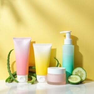 Uma composição alegre e convidativa com diversos potes e bisnagas de hidratantes faciais de embalagens simples e coloridas (sugerindo acessibilidade) dispostos de forma organizada, talvez com alguns ingredientes naturais como pétalas de flores ou fatias de pepino ao redor, sobre um fundo claro e vibrante. A ideia é transmitir que "baratinho" pode ser eficaz e atraente.