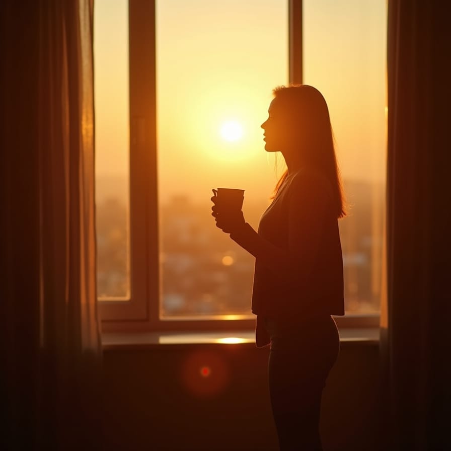 Uma imagem inspiradora e calma do nascer do sol visto de uma janela, talvez com a silhueta de uma pessoa olhando para fora ou meditando tranquilamente. Cores suaves, sensação de paz e potencial. Uma imagem inspiradora e calma do nascer do sol visto de uma janela, talvez com a silhueta de uma pessoa olhando para fora ou meditando tranquilamente. Cores suaves, sensação de paz e potencial.