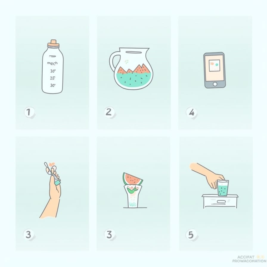 Colagem limpa em estilo infográfico com 4-6 painéis ilustrando dicas práticas de hidratação. Use ícones simples e amigáveis ou ilustrações minimalistas. Exemplos: Painel 1: Garrafa de água com marcações de tempo. Painel 2: Tela de smartphone com notificação de app de lembrete de água. Painel 3: Jarra de água com fatias de frutas dentro. Painel 4: Pessoa comendo uma fatia de melancia. Painel 5: Mão pegando um copo d'água em uma mesa de cabeceira. Use uma paleta de cores coesa e suave (azuis, verdes, neutros claros). Sentimento: acionável, fácil de seguir, encorajador, bem-estar moderno. Colagem limpa em estilo infográfico com 4-6 painéis ilustrando dicas práticas de hidratação. Use ícones simples e amigáveis ou ilustrações minimalistas. Exemplos: Painel 1: Garrafa de água com marcações de tempo. Painel 2: Tela de smartphone com notificação de app de lembrete de água. Painel 3: Jarra de água com fatias de frutas dentro. Painel 4: Pessoa comendo uma fatia de melancia. Painel 5: Mão pegando um copo d'água em uma mesa de cabeceira. Use uma paleta de cores coesa e suave (azuis, verdes, neutros claros). Sentimento: acionável, fácil de seguir, encorajador, bem-estar moderno.