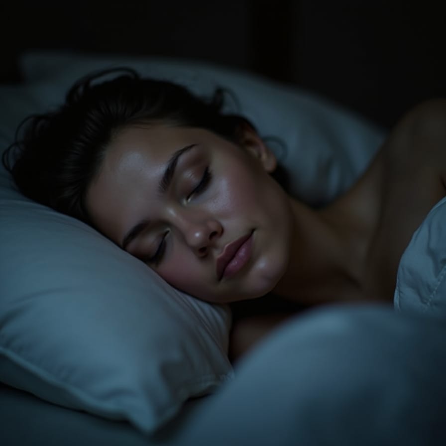 Close-up, imagem pacífica focando no rosto sereno de uma pessoa dormindo profundamente em uma cama confortável. O quarto está escuro, talvez com um sutil toque de luar. Sua respiração parece profunda e regular. A ênfase está no relaxamento profundo e no sono restaurador. Sentimento: descanso profundo, tranquilidade, sono pacífico, rejuvenescimento. Iluminação suave e discreta. Close-up, imagem pacífica focando no rosto sereno de uma pessoa dormindo profundamente em uma cama confortável. O quarto está escuro, talvez com um sutil toque de luar. Sua respiração parece profunda e regular. A ênfase está no relaxamento profundo e no sono restaurador. Sentimento: descanso profundo, tranquilidade, sono pacífico, rejuvenescimento. Iluminação suave e discreta.
