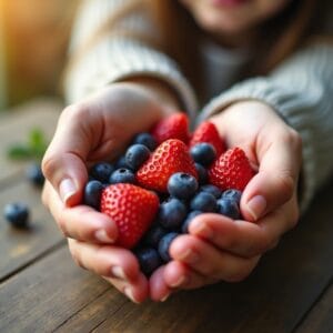 Close-up, luz natural suave da manhã. Mãos segurando delicadamente uma mistura vibrante e colorida de frutas vermelhas frescas (morangos, mirtilos) em concha sobre uma mesa rústica de madeira. Um leve sorriso no rosto da pessoa (desfocado ao fundo). Sentimento: esperançoso, começo gentil, beleza natural, convite à alimentação consciente. Pouca profundidade de campo.