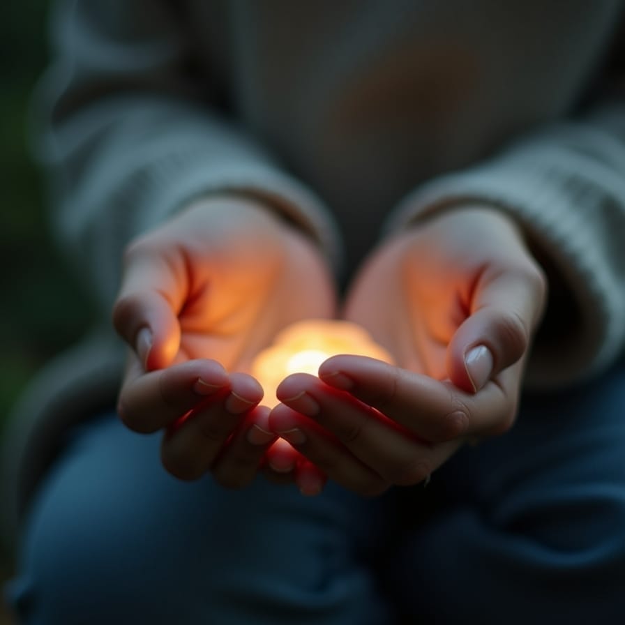 Close-up, foto com foco suave das mãos de uma pessoa gentilmente em concha, como se segurassem algo precioso, talvez com uma luz suave e quente emanando de dentro ou ao redor delas. O fundo é desfocado e sereno (talvez uma textura suave ou elemento natural como água/folhas). Sentimento: calma interior, gentileza, auto-acolhimento, encontrando paz interior. Iluminação atmosférica e suave. Close-up, foto com foco suave das mãos de uma pessoa gentilmente em concha, como se segurassem algo precioso, talvez com uma luz suave e quente emanando de dentro ou ao redor delas. O fundo é desfocado e sereno (talvez uma textura suave ou elemento natural como água/folhas). Sentimento: calma interior, gentileza, auto-acolhimento, encontrando paz interior. Iluminação atmosférica e suave.