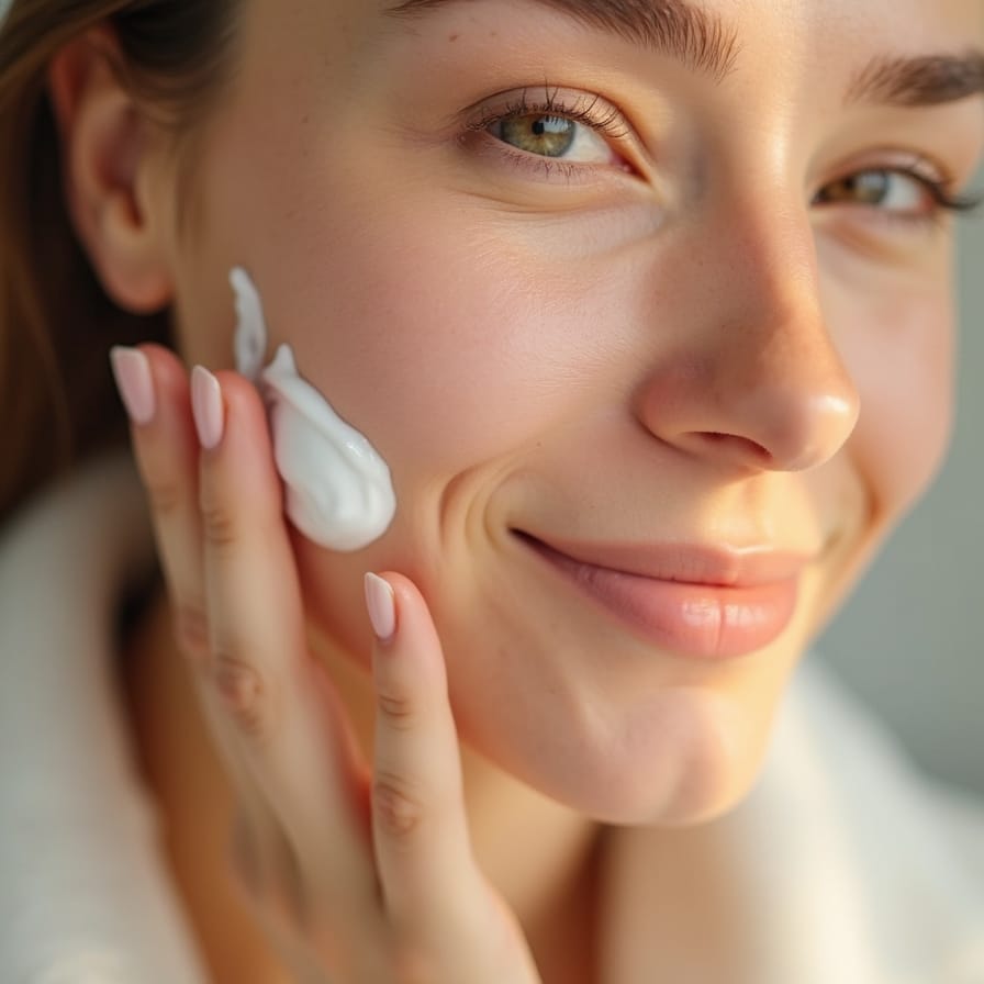 Close-up de uma pessoa aplicando suavemente um hidratante facial no rosto com as pontas dos dedos, com uma expressão de contentamento e cuidado. A pele deve parecer visivelmente hidratada e com um brilho saudável. Fundo neutro e suave, destacando a pele e a textura do produto. Close-up de uma pessoa aplicando suavemente um hidratante facial no rosto com as pontas dos dedos, com uma expressão de contentamento e cuidado. A pele deve parecer visivelmente hidratada e com um brilho saudável. Fundo neutro e suave, destacando a pele e a textura do produto.