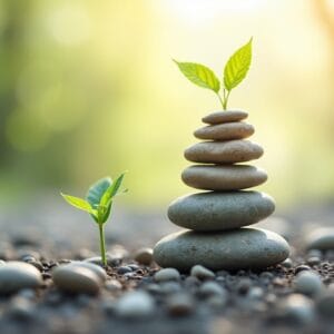 (Tradução/Adaptação: Imagem conceitual simbolizando a construção de hábitos. Pequenas pedras lisas sendo cuidadosamente colocadas uma sobre a outra, formando um cairn (pequena torre) estável. Um único broto verde emerge ao lado da pedra base. Luz da manhã suave e esperançosa ilumina a cena. Sentimento: paciência, consistência, crescimento a partir de pequenos começos, força fundamental. Fundo minimalista.