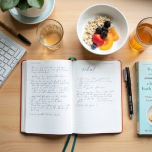 Composição flat lay em uma mesa de madeira limpa e organizada. Itens representam elementos de uma rotina matinal produtiva: um diário aberto com notas de gratidão manuscritas, um par de tênis de corrida cuidadosamente colocados, uma tigela de café da manhã saudável pela metade (aveia com frutas), um copo d'água e talvez um livro relacionado ao crescimento pessoal. Luz clara e natural. Sentimento: vida intencional, bem-estar organizado, inspiração acionável, rotina equilibrada.