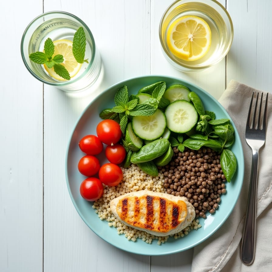 Composição flat lay, vista de cima. Um prato de refeição saudável, lindamente equilibrado e colorido (peito de frango grelhado ou lentilhas, quinoa, grande porção de salada verde mista com tomate e pepino) posicionado ao lado de um copo transparente de água com rodelas de limão e hortelã. Sobre um fundo limpo e claro (madeira clara ou mármore branco). Sentimento: saúde alcançável, simplicidade deliciosa, fresco, nutrição equilibrada, apetitoso. Composição flat lay, vista de cima. Um prato de refeição saudável, lindamente equilibrado e colorido (peito de frango grelhado ou lentilhas, quinoa, grande porção de salada verde mista com tomate e pepino) posicionado ao lado de um copo transparente de água com rodelas de limão e hortelã. Sobre um fundo limpo e claro (madeira clara ou mármore branco). Sentimento: saúde alcançável, simplicidade deliciosa, fresco, nutrição equilibrada, apetitoso.