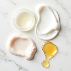 Close-up artístico de diversas texturas de limpadores faciais (gel transparente, espuma aerada, creme sedoso, óleo dourado) dispostas lado a lado sobre uma superfície elegante e minimalista, como mármore claro ou vidro, com uma iluminação suave que realça a beleza e a variedade das texturas.