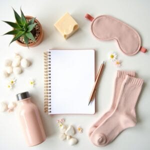 Foto de cima (flat lay) de um 'kit de ferramentas de autocuidado' arranjado esteticamente sobre uma superfície clara e limpa. Os itens podem incluir: um diário e caneta, uma pequena suculenta em vaso, uma barra de sabonete natural ou bomba de banho, um par de meias aconchegantes, uma máscara de dormir, uma garrafa de água e talvez algumas pétalas de flores espalhadas ou pedras lisas. Sentimento: autocuidado intencional, recursos para o bem-estar, lembrete gentil, cuidado personalizado, ferramentas acessíveis. Iluminação clara e limpa.