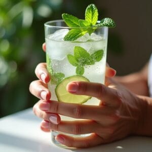 Foto realista, luz natural clara. Close-up das mãos de uma pessoa (tom de pele diverso) segurando um copo transparente cheio de água com gás, cubos de gelo, folhas de hortelã e uma rodela de limão. Gotículas de água visíveis no copo. Fundo suavemente desfocado mostrando um toque de plantas verdes. Sentimento: refrescante, saudável, convidativo, vitalidade vibrante.