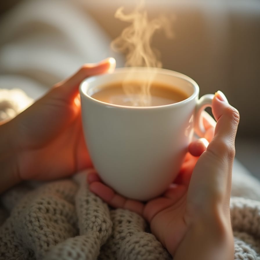 Foco suave, luz natural quente. Close-up nas mãos de uma pessoa segurando gentilmente uma caneca lisa e quente de chá ou café. Vapor sobe suavemente. O fundo está levemente desfocado, sugerindo um ambiente doméstico aconchegante (talvez um toque de um cobertor macio ou cadeira confortável). Sentimento: conforto, calor, prazer simples, um momento tranquilo de autocuidado, pausa. Foco suave, luz natural quente. Close-up nas mãos de uma pessoa segurando gentilmente uma caneca lisa e quente de chá ou café. Vapor sobe suavemente. O fundo está levemente desfocado, sugerindo um ambiente doméstico aconchegante (talvez um toque de um cobertor macio ou cadeira confortável). Sentimento: conforto, calor, prazer simples, um momento tranquilo de autocuidado, pausa.