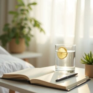 Luz da manhã suave e serena filtrando por uma janela limpa, iluminando uma mesa de cabeceira. Sobre a mesa, repousa um copo transparente de água com uma rodela de limão e um diário simples e elegante com uma caneta ao lado. Uma pequena planta verde adiciona um toque de vida. Foco suave, pacífico. Sentimento: potencial calmo, começo tranquilo, manhã esperançosa, convite ao autocuidado.