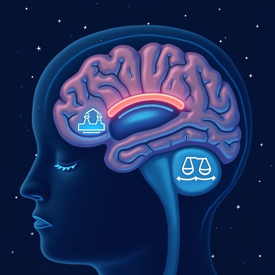 Ilustração estilizada mostrando uma seção transversal de um cérebro humano dormindo. Diferentes áreas são sutilmente destacadas com linhas ou ícones suaves e brilhantes representando processos em andamento como 'consolidação da memória' (peças de quebra-cabeça se encaixando), 'limpeza de toxinas' (ondas suaves de lavagem), 'regulação emocional' (balança calma e equilibrada). Use uma paleta de cores noturnas azul-escuro/roxo com detalhes suaves e luminosos. Sentimento: atividade misteriosa, processos vitais, ciência do sono, restauração silenciosa. Ilustração estilizada mostrando uma seção transversal de um cérebro humano dormindo. Diferentes áreas são sutilmente destacadas com linhas ou ícones suaves e brilhantes representando processos em andamento como 'consolidação da memória' (peças de quebra-cabeça se encaixando), 'limpeza de toxinas' (ondas suaves de lavagem), 'regulação emocional' (balança calma e equilibrada). Use uma paleta de cores noturnas azul-escuro/roxo com detalhes suaves e luminosos. Sentimento: atividade misteriosa, processos vitais, ciência do sono, restauração silenciosa.