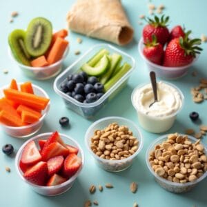 Um flat lay vibrante e convidativo com diversas opções de lanches saudáveis arrumados de forma organizada: potinhos com frutas picadas, um saquinho de nuts, um iogurte natural, palitos de cenoura, um pequeno wrap integral. Tudo com uma estética clean e apetitosa.