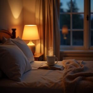 Cena de quarto quente e aconchegante ao entardecer. Luz suave de abajur ilumina uma cama bem feita com travesseiros macios e uma manta dobrada. Na mesinha de cabeceira, um livro físico repousa aberto ao lado de uma caneca fumegante de chá de ervas. A janela mostra um céu escurecendo. Sentimento: refúgio tranquilo, convidando ao descanso, preparação para dormir, final de dia pacífico. Foco suave, tons quentes