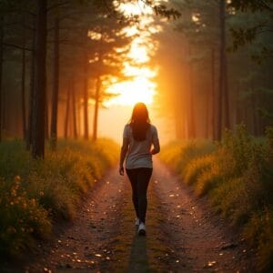 Foto de estilo de vida em grande angular capturando uma pessoa por trás, caminhando pacificamente em uma trilha de floresta banhada por sol ou uma praia tranquila durante o pôr/nascer do sol. Sua postura está relaxada, sugerindo alívio e conexão com a natureza. A vastidão do cenário natural enfatiza a perspectiva e a liberação. Sentimento: liberação de estresse, aterramento, conexão com a natureza, mudança de perspectiva, tranquilidade. Luz quente e natural.