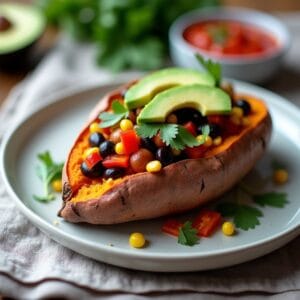 Um prato lindamente montado e delicioso. Uma batatadoce assada e aberta ao meio, recheada com um mix colorido de feijão preto, milho, pimentão e coberto com abacate em fatias. O prato está sobre um guardanapo de linho simples. A iluminação é suave e convidativa, estilo blog de culinária.