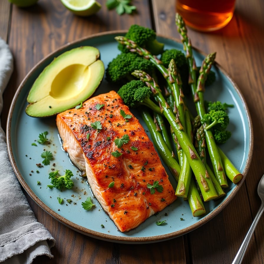 Um prato de comida low carb absolutamente delicioso e vibrante, visto de cima. Pode ser um filé de salmão grelhado com a pele crocante, ao lado de aspargos assados com azeite e uma generosa salada de folhas verdes com abacate e tomates cereja. A imagem deve quebrar o mito de que a dieta é sem graça. Um prato de comida low carb absolutamente delicioso e vibrante, visto de cima. Pode ser um filé de salmão grelhado com a pele crocante, ao lado de aspargos assados com azeite e uma generosa salada de folhas verdes com abacate e tomates cereja. A imagem deve quebrar o mito de que a dieta é sem graça.