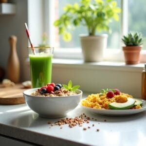 Uma mesa de cozinha iluminada naturalmente pela luz da manhã, com uma variedade colorida e apetitosa de alimentos energéticos. Há uma tigela de aveia com frutas vermelhas, um prato com ovos mexidos e abacate, um copo de suco verde fresco e algumas oleaginosas e sementes espalhadas. A cena transmite frescor, saúde e convite ao bemestar.