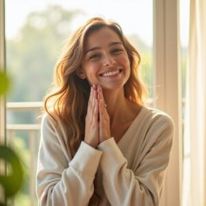 Uma pessoa sorrindo, fazendo alongamentos leves pela manhã em um espaço iluminado pelo sol, transmitindo calma e um despertar gradual.