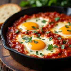 Uma frigideira de ferro fundido com a receita de ovos na caçarola, com o queijo borbulhando e as gemas moles em destaque. Ao lado, um pedaço de pão low carb para servir. A cena é rústica e extremamente apetitosa.