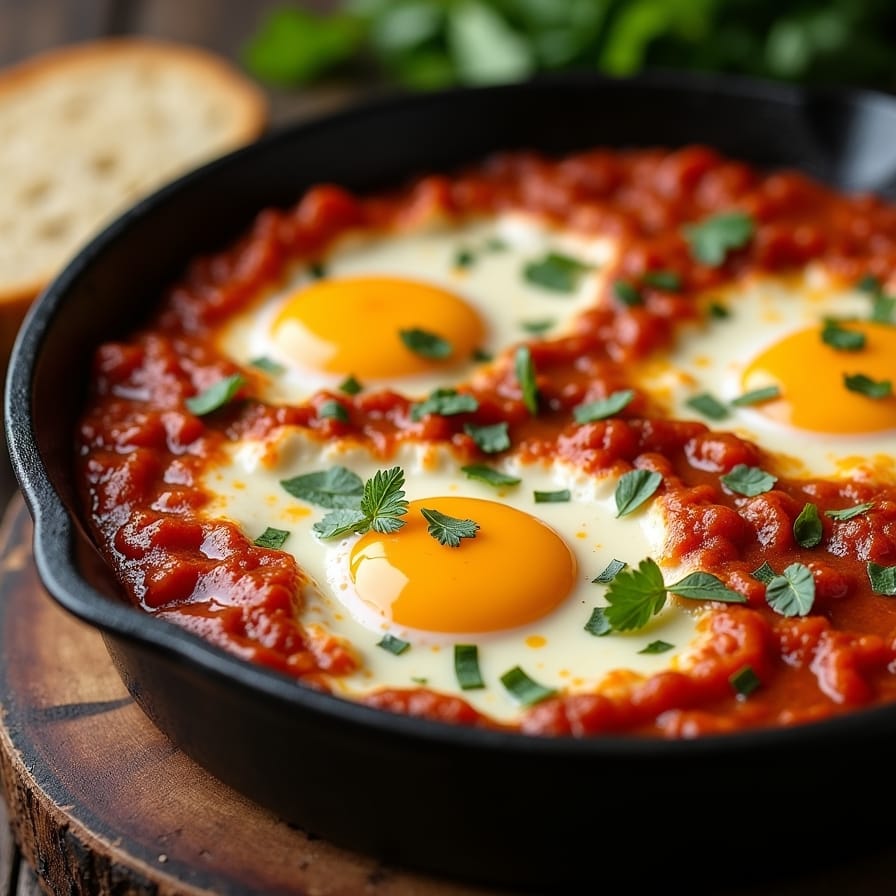 Uma frigideira de ferro fundido com a receita de ovos na caçarola, com o queijo borbulhando e as gemas moles em destaque. Ao lado, um pedaço de pão low carb para servir. A cena é rústica e extremamente apetitosa. Uma frigideira de ferro fundido com a receita de ovos na caçarola, com o queijo borbulhando e as gemas moles em destaque. Ao lado, um pedaço de pão low carb para servir. A cena é rústica e extremamente apetitosa.