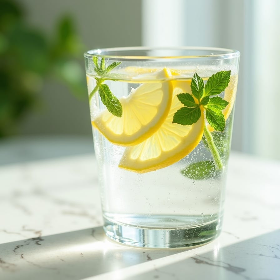 Um close-up convidativo de um copo de água fresca com rodelas de limão e folhas de hortelã flutuando, sobre uma bancada de cozinha de mármore claro ou madeira clara. A luz natural suave do amanhecer ilumina a cena, com um leve embaçamento no copo, transmitindo uma sensação de frescor, pureza e um começo de dia revitalizante. Um close-up convidativo de um copo de água fresca com rodelas de limão e folhas de hortelã flutuando, sobre uma bancada de cozinha de mármore claro ou madeira clara. A luz natural suave do amanhecer ilumina a cena, com um leve embaçamento no copo, transmitindo uma sensação de frescor, pureza e um começo de dia revitalizante.