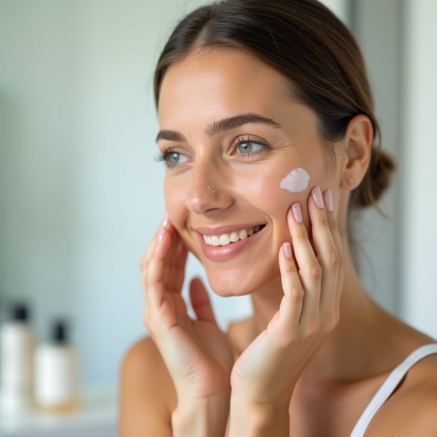Mulher jovem, com pele visivelmente equilibrada e com um brilho natural, sorrindo gentilmente enquanto aplica um produto leve no rosto em um banheiro bem iluminado. Os cabelos estão presos e alguns produtos de skincare modernos e minimalistas estão organizados ao fundo. A imagem transmite uma sensação de calma, autocuidado e eficácia. Mulher jovem, com pele visivelmente equilibrada e com um brilho natural, sorrindo gentilmente enquanto aplica um produto leve no rosto em um banheiro bem iluminado. Os cabelos estão presos e alguns produtos de skincare modernos e minimalistas estão organizados ao fundo. A imagem transmite uma sensação de calma, autocuidado e eficácia.