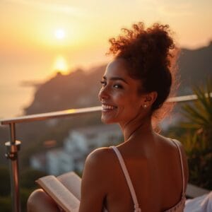 Um closeup por trás de uma pessoa com um penteado natural e relaxado, sentada numa varanda com vista para um pôr do sol suave. A pessoa segura um livro no colo, mas olha para a vista, com um sorriso suave e genuíno no rosto. Ela está completamente presente e em paz.